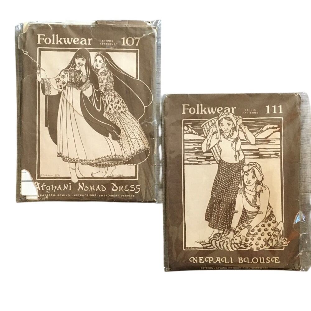 Folkwear Sewing Patterns Afghani Nomad Dress Napali Blouse Boho Chic CUT S 6-8